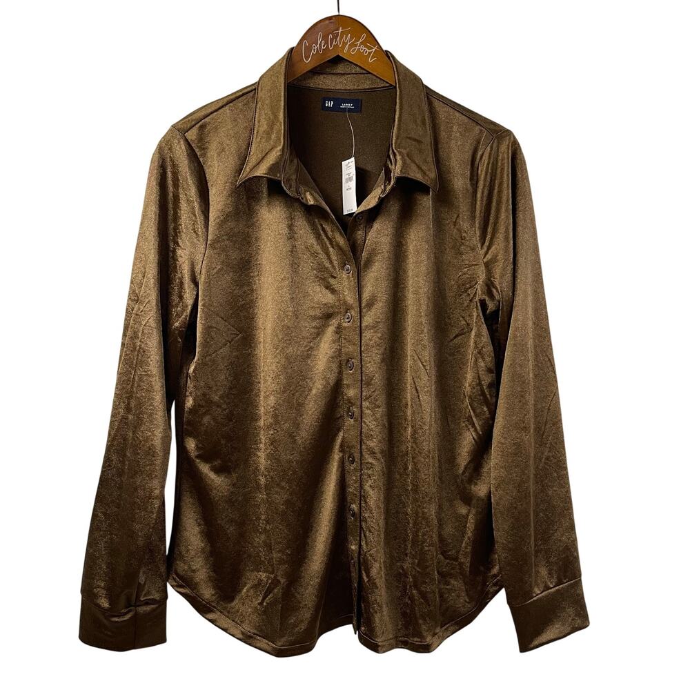 Gap Shirt Long Sleeve Button Front Liquid Gold Shirt Large Petite NWT